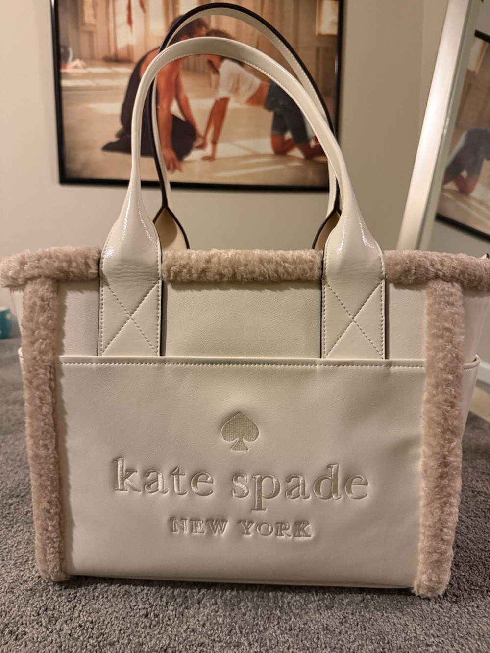 kate spade White Leather Tote with Shearling Trim